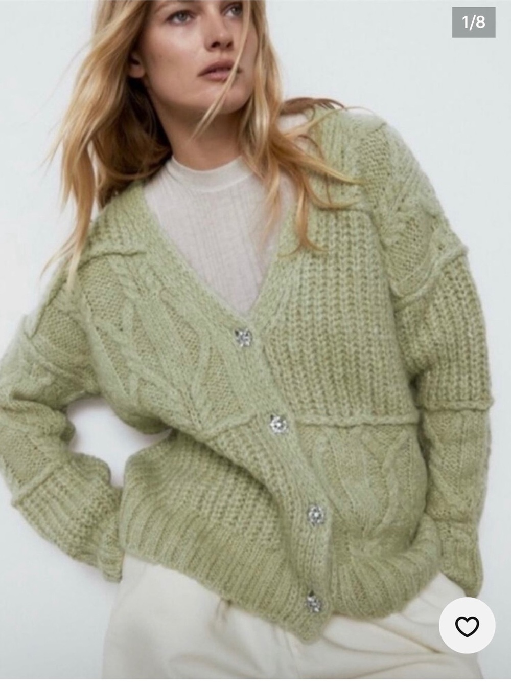Zara Chunky Knit Cardigan in Sage Green Decorative Buttons